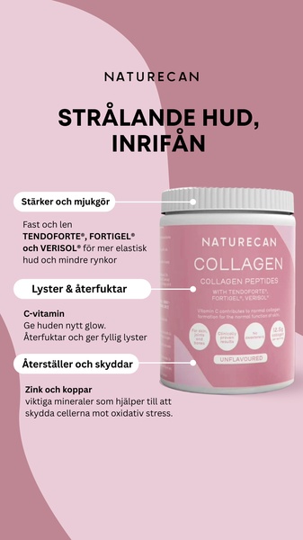 A vertical ad creative for collagen powder that uses a clean layout with callout lines to connect specific ingredients to their health benefits.